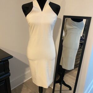 Elegant White Sleeveless Halter Sheath Midi Dress